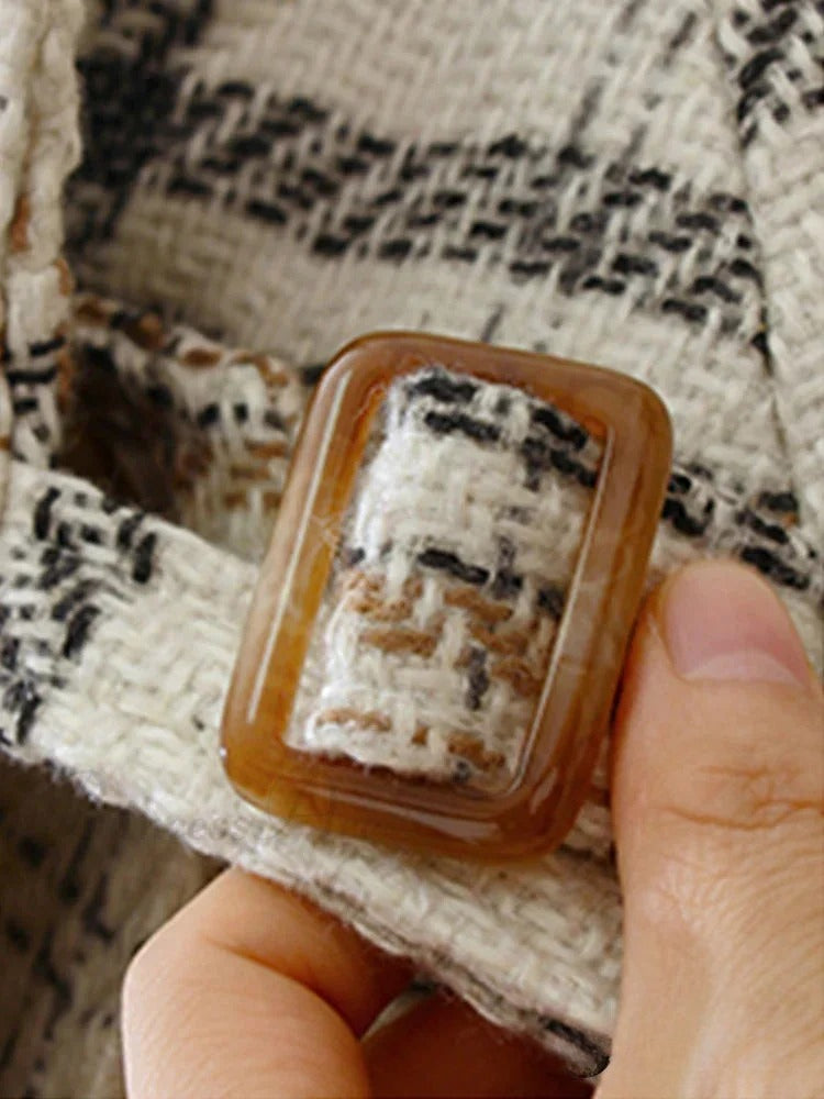 Autumn Winter Long Loose Warm Plaid Wool Blends Sleeve Belt Double Breasted Woolen Stylish Coat - Fashionpara