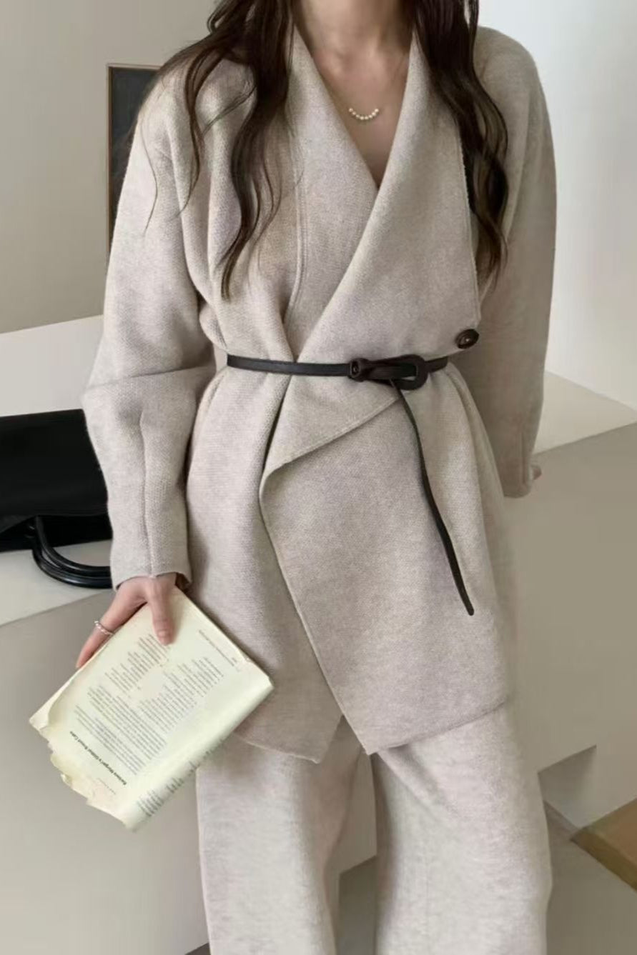 Chic Loose Knit Coat and Wide-Leg Pants Two-Piece Set