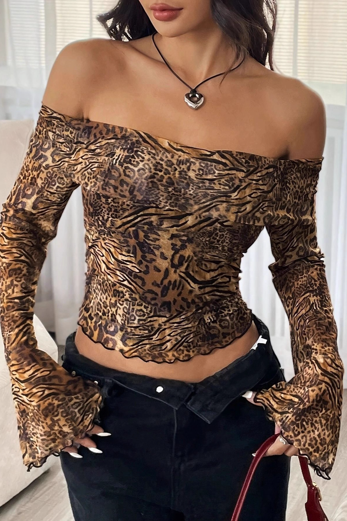 Leopard Mesh Off Shoulder Backless Flare Sleeve Crop Top
