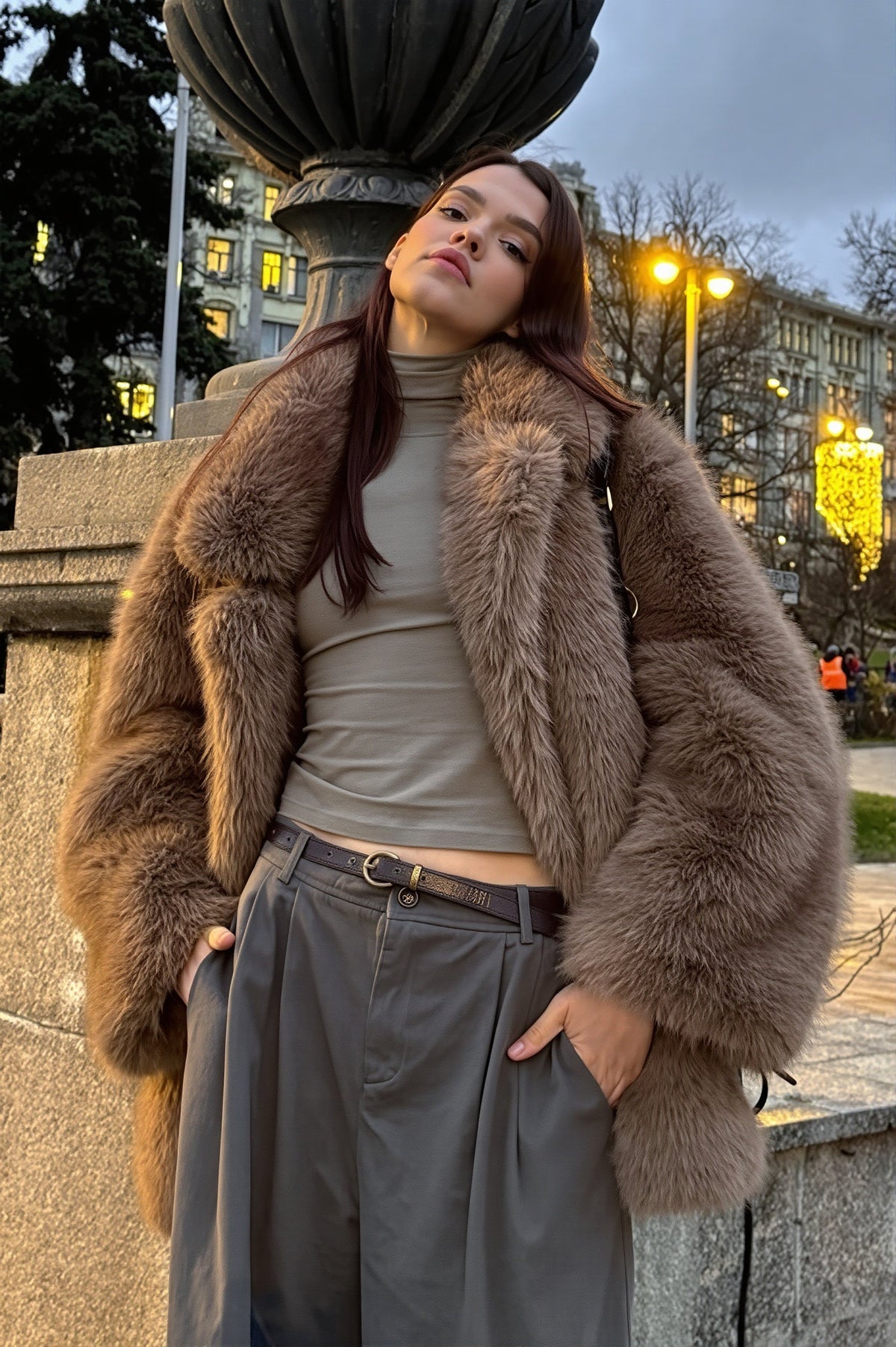 Solid Collar Mid Length Faux Fur Coat 5