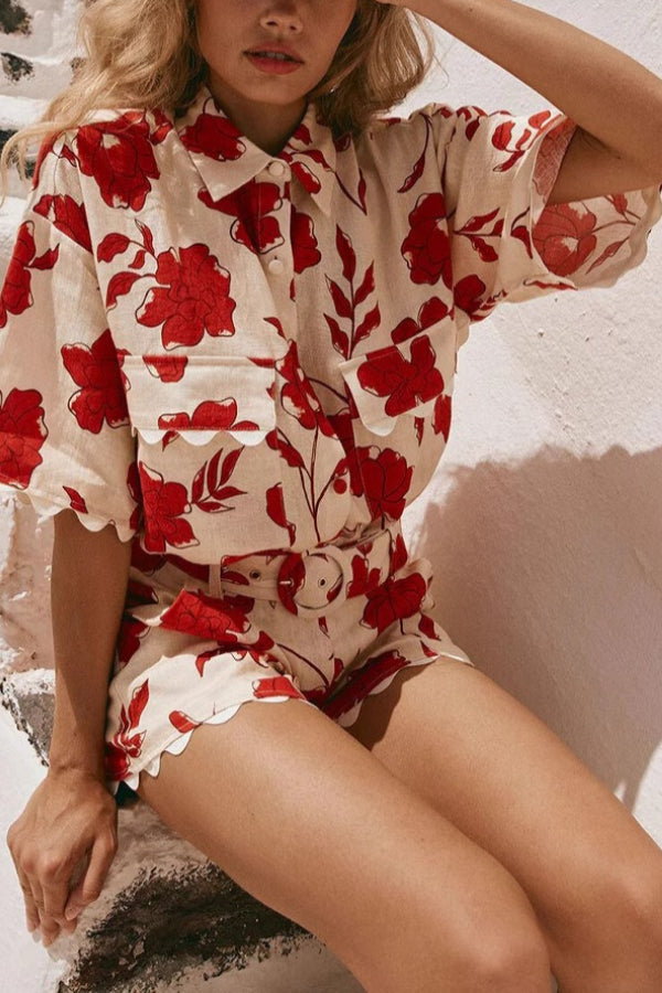 Fashionable and versatile lace print, stylish and casual Shorts Set - Fashionpara