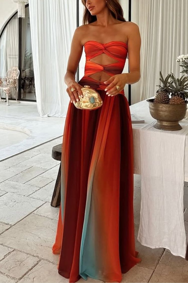 Sardinia Sunset Mesh Printed Twist Cutout Off Shoulder Vacation Maxi Dress - Fashionpara