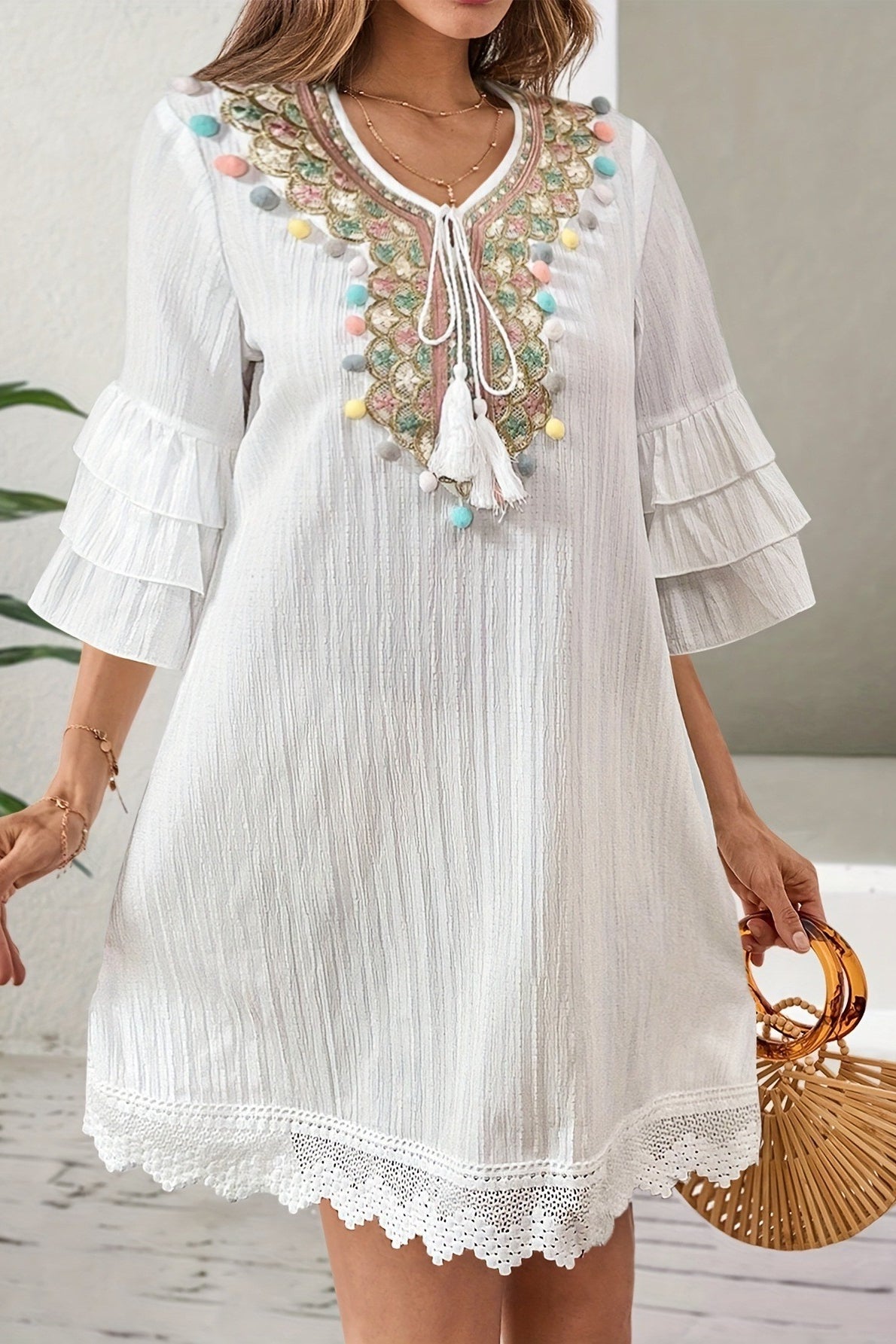 Embroidered Tassel Tiered Sleeve Mini Dress