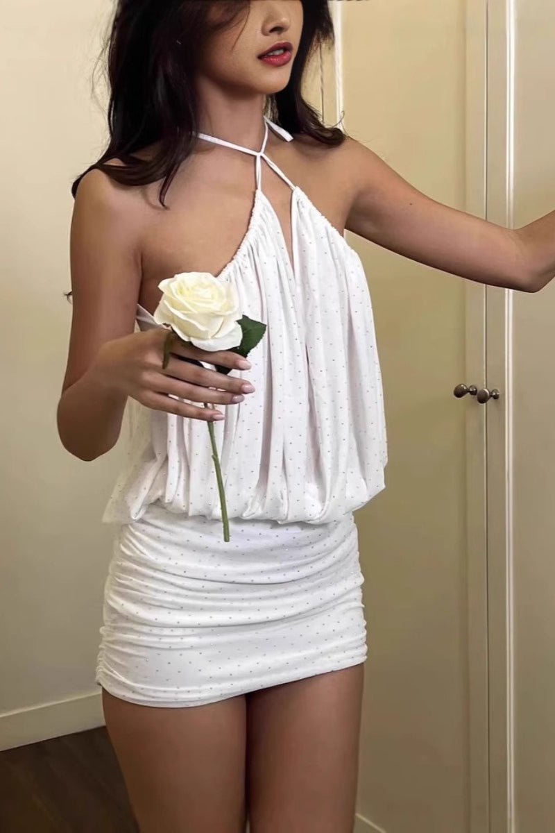 Embellished Halter-Neck Blouson Ruched Mini Dress