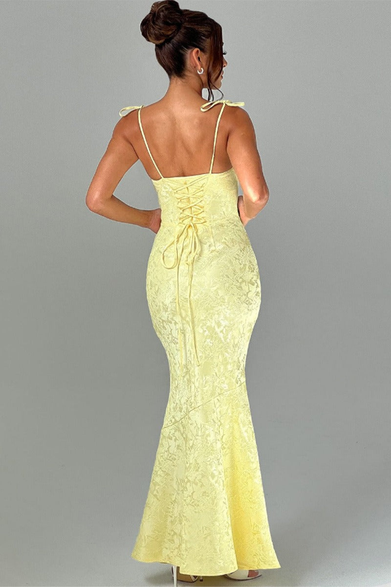 Jacquard Square Neck Tie Strap Mermaid Maxi Dress
