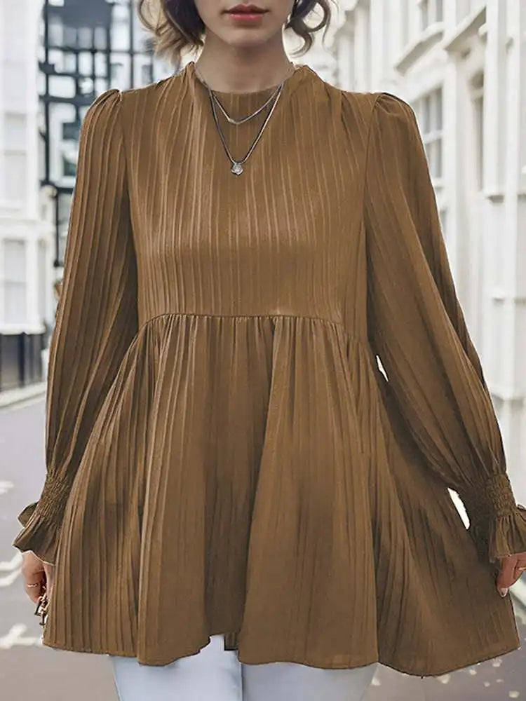 Lantern Long Sleeve Pleated Blouse Casual Blouse