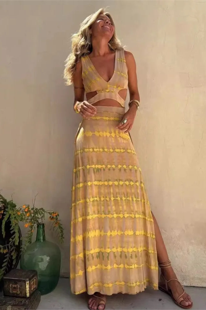 Tie-Dye Sleeveless Crop Top & Slit Maxi Skirt Set