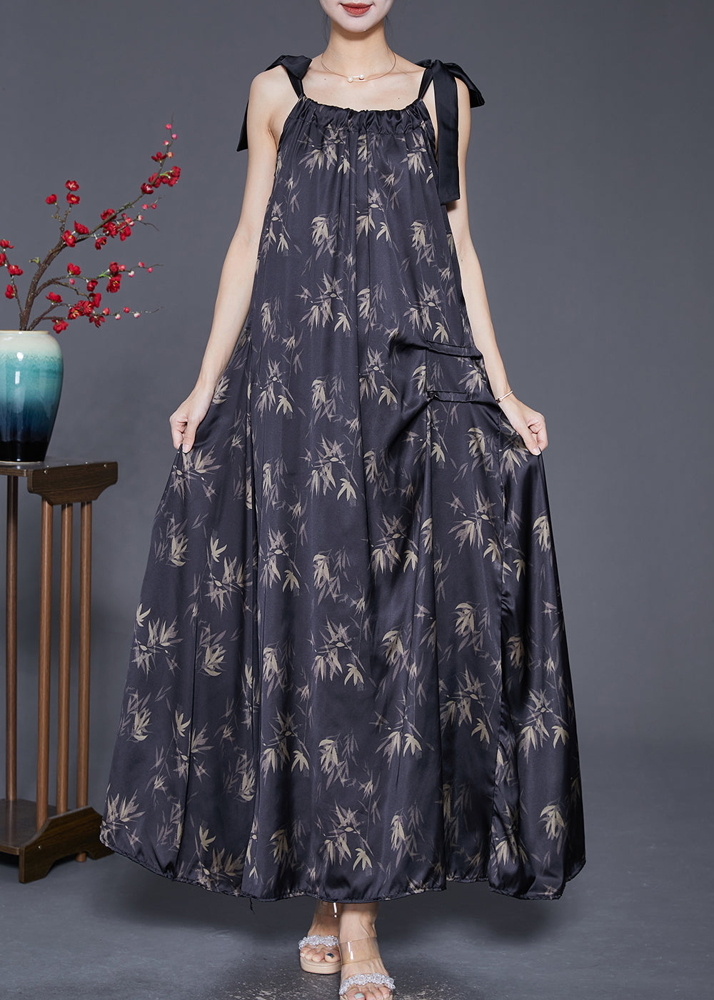 Bamboo Leaf Print Gathered Neck Bow Tie Strap Pocket Maxi Dress