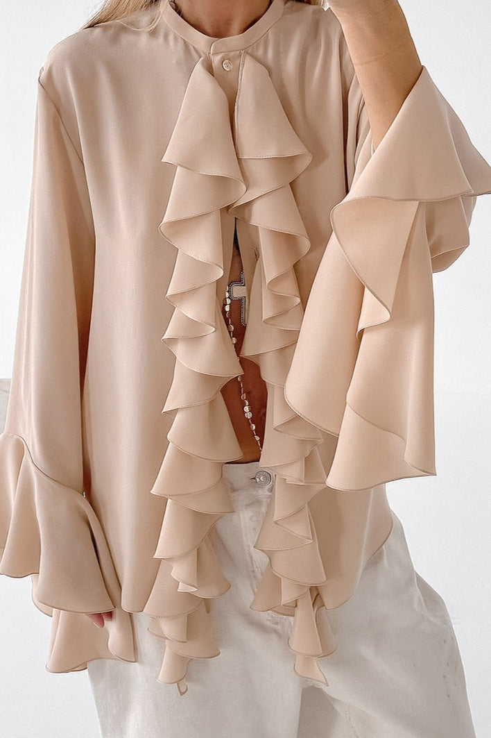Elegant Ruffle Trim Button Blouse