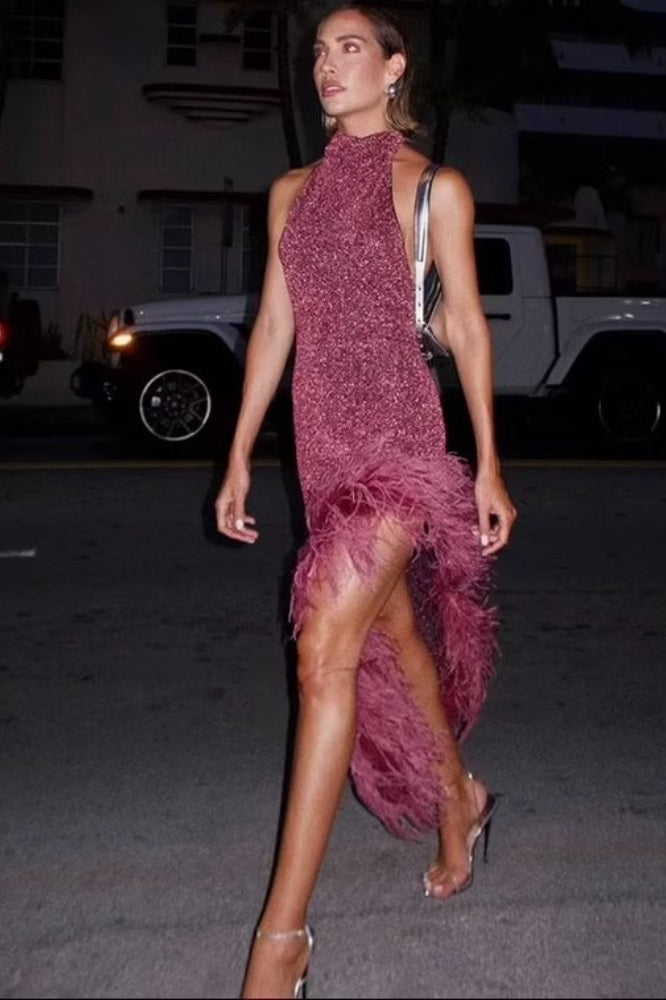 Glitter Halter Neck Feather Trim Asymmetrical Bodycon Midi Dress
