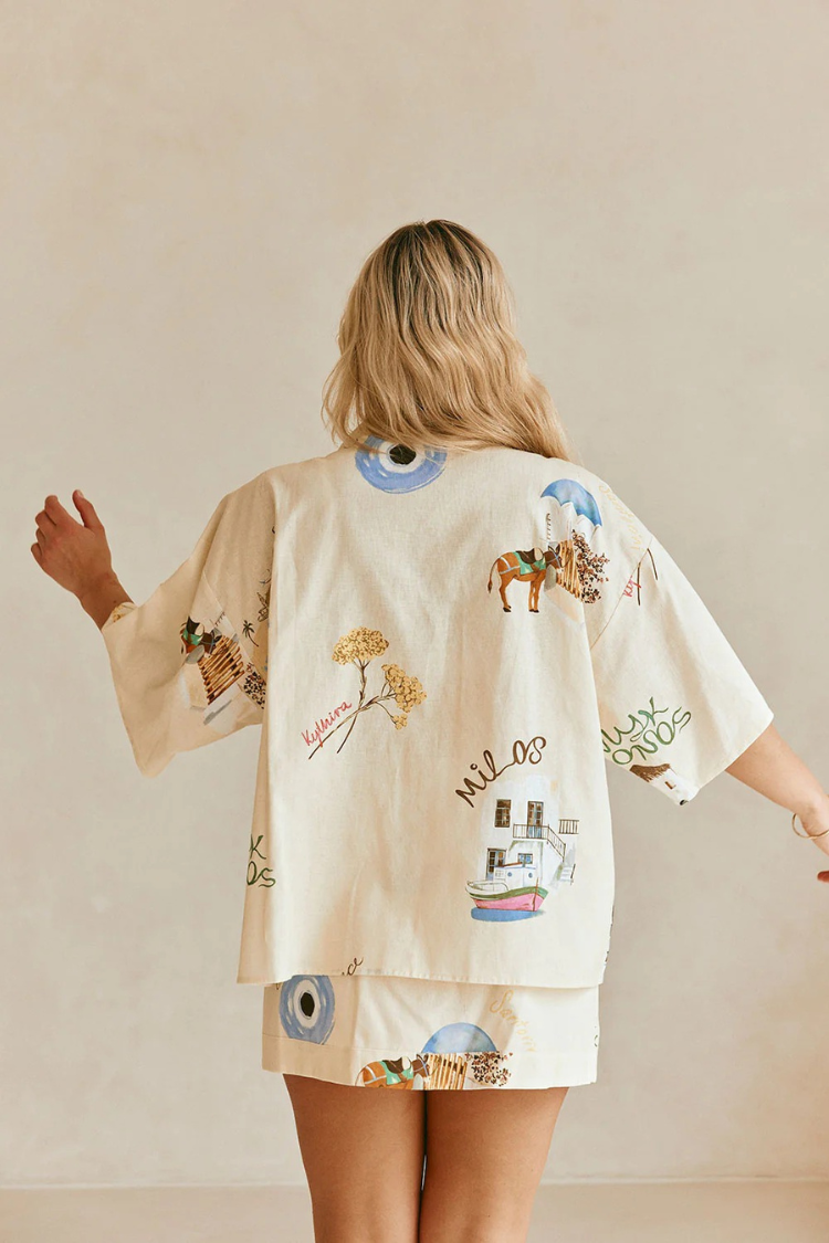 Kea Linen Blend Unique Print Short Sleeve Shirt and High Rise Wrap Panel Miniskirt Set - Fashionpara