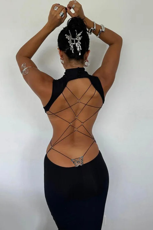 Backless Lace Up Butterfly Detail Maxi Dress