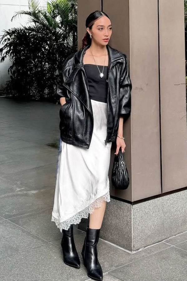 Asymmetric Lace-Hem Satin Midi Skirt