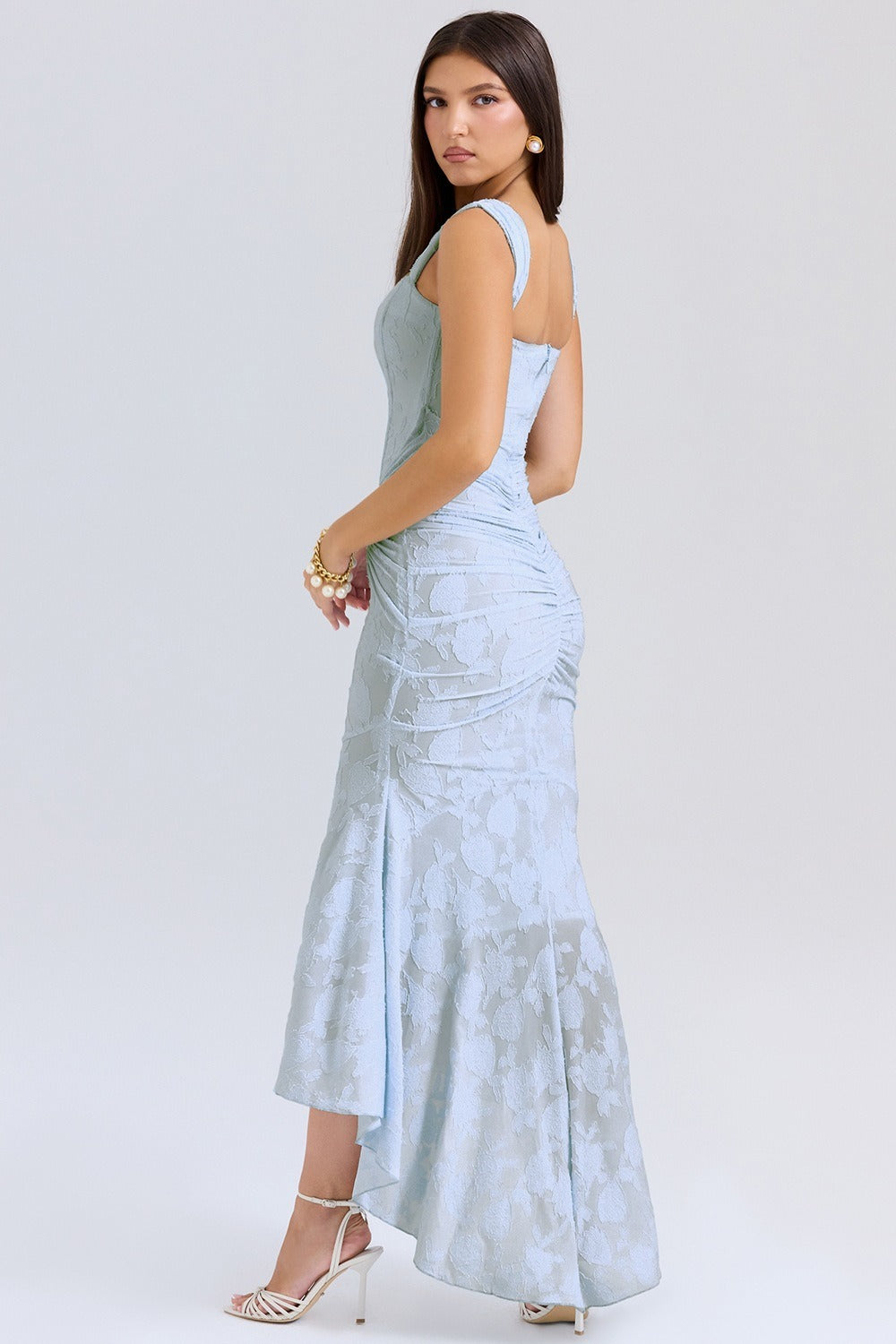 Jacquard Square Neck Corset Ruched Mermaid Gown - View 4