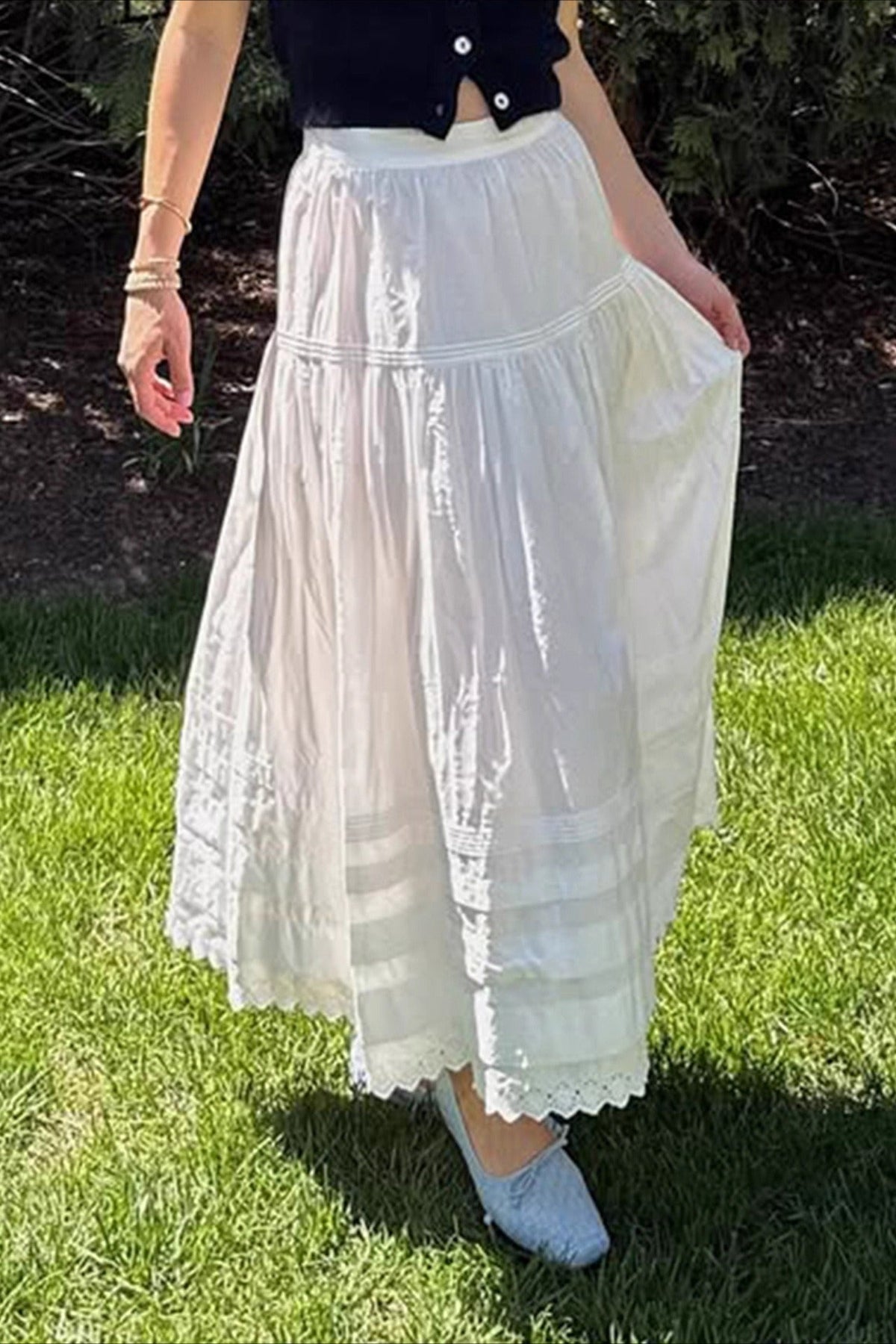 Lace Panel Asymmetrical Maxi Skirt