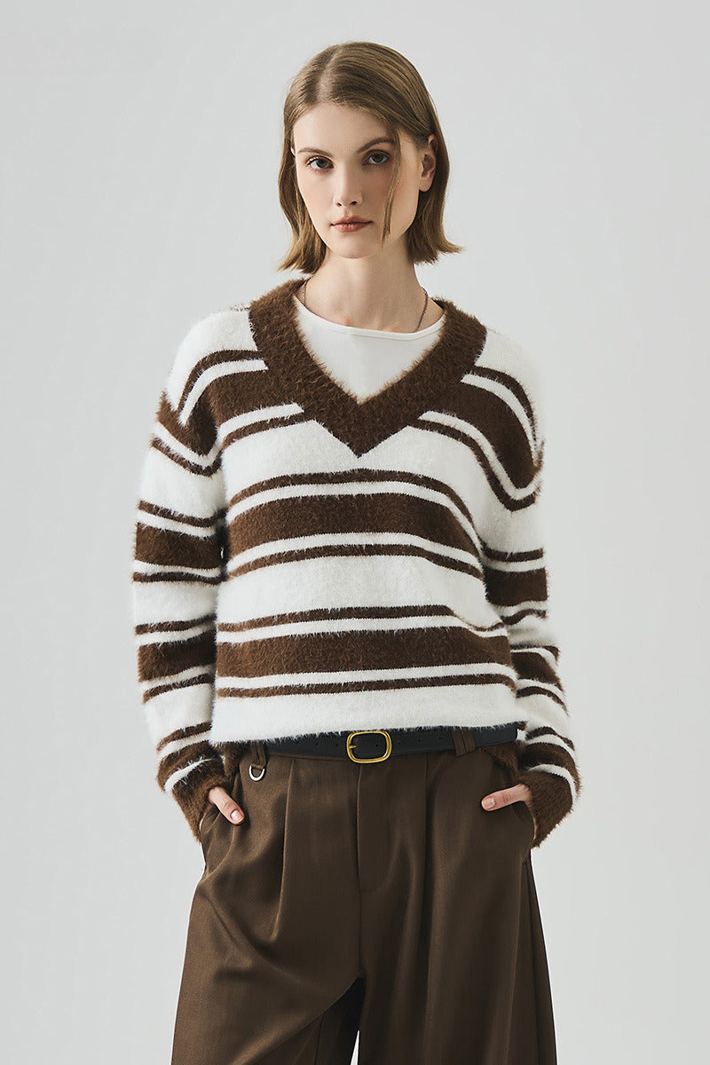 PrincessAce Striped V Neck Long Sleeve Knit Sweater