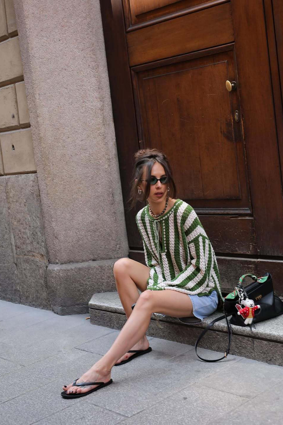 PrincessAce Green and White Striped Waist Tie Knit Sweater