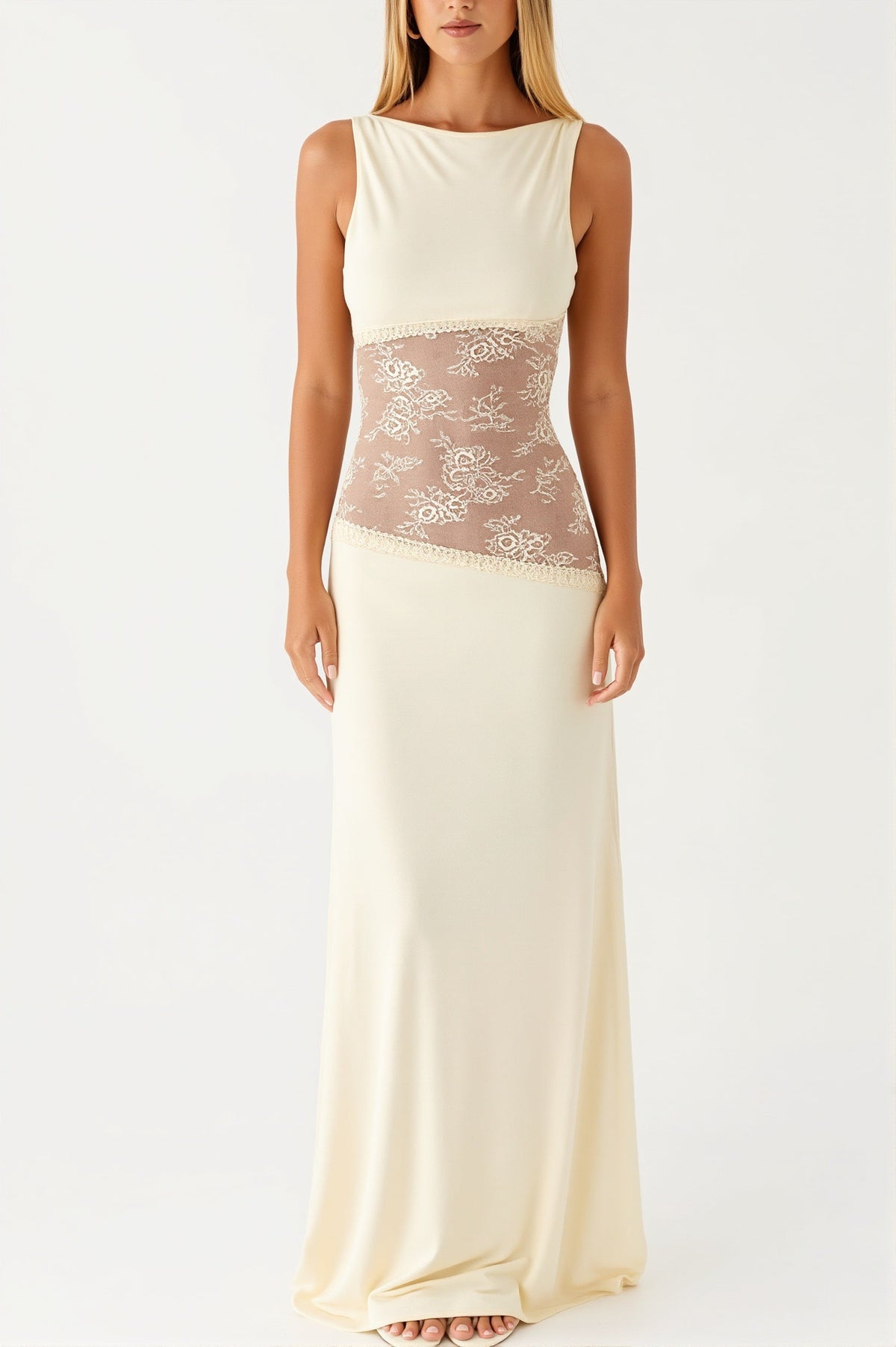 Lace-Panel High Neck Sheer Bodycon Maxi Dress 7