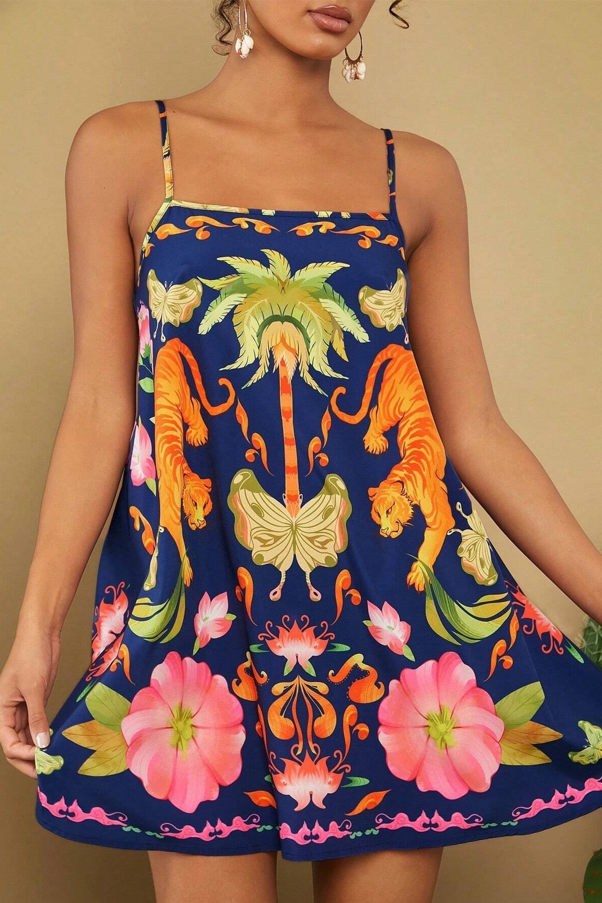 Tropical Print Square Neck Sleeveless Swing Mini Dress