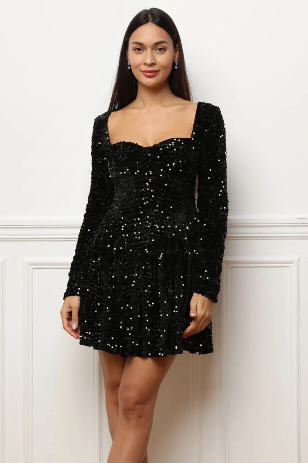 Elegant Long Sleeve Petite Sequined Party Sequin Dress - Fashionpara