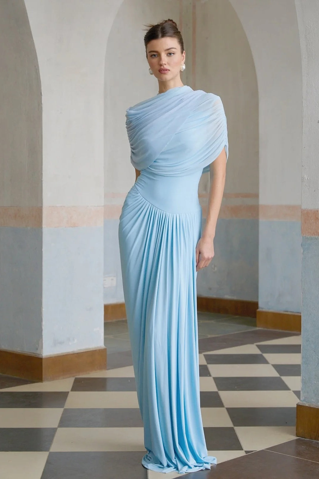 Draped High Neck Short Sleeve Maxi Gown 2