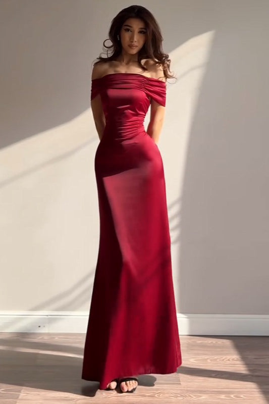 Satin Off Shoulder Ruched Mermaid Formal Gown