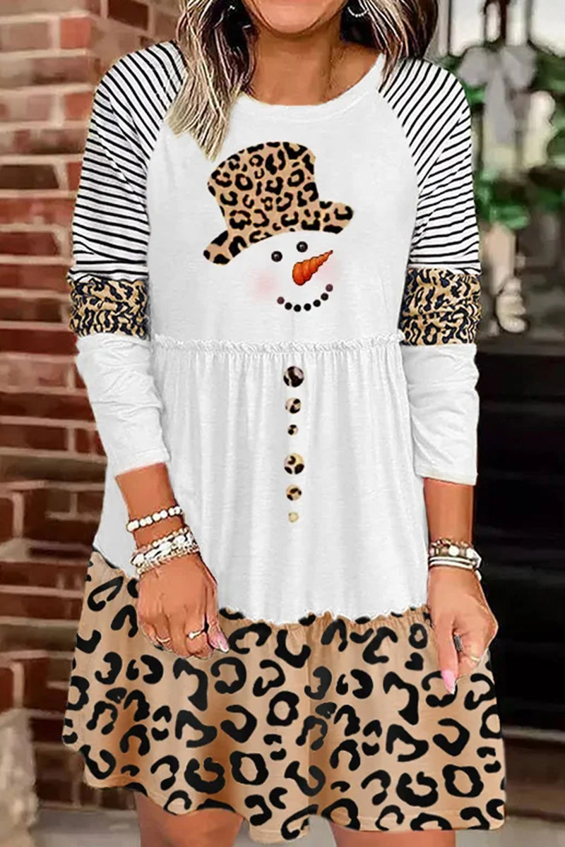 Christmas Snowman Print Long Sleeve Dress - Fashionpara