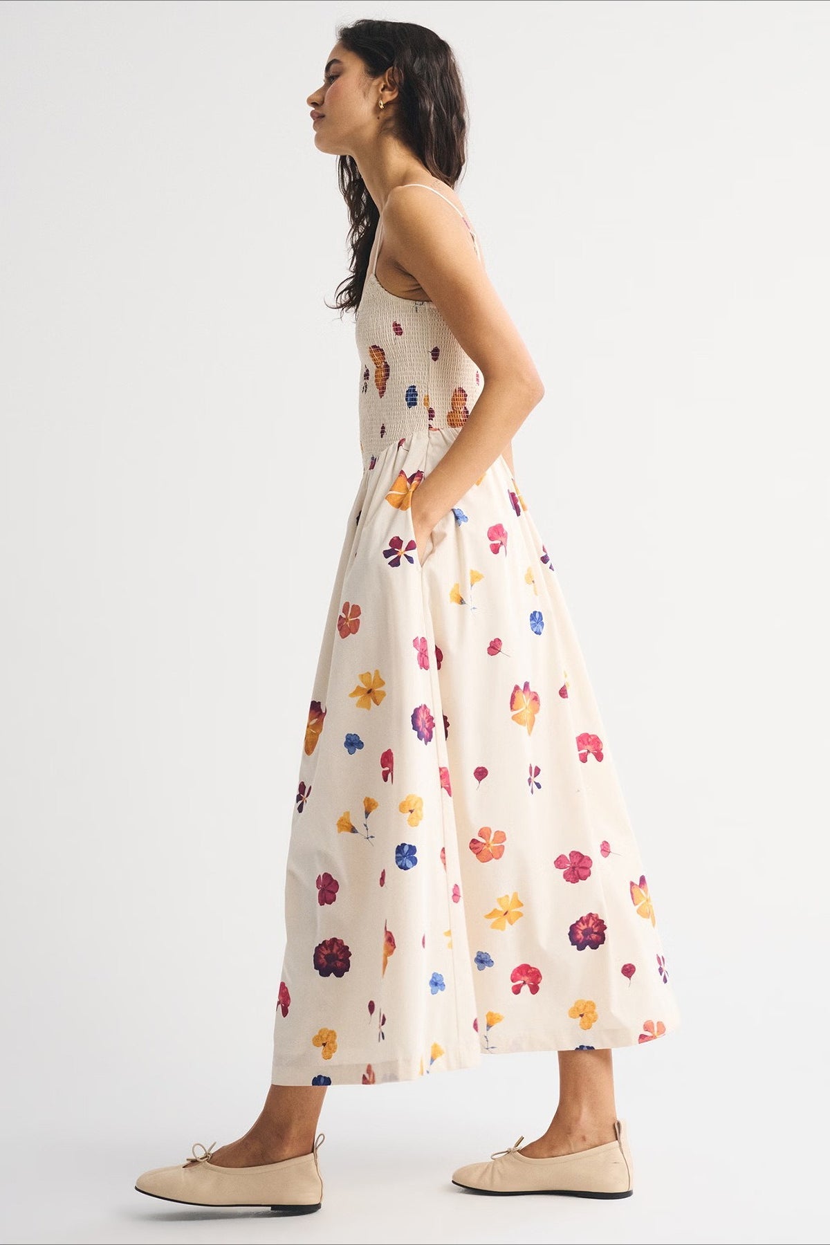 Striped Shirred Bodice A-Line Midi Dress