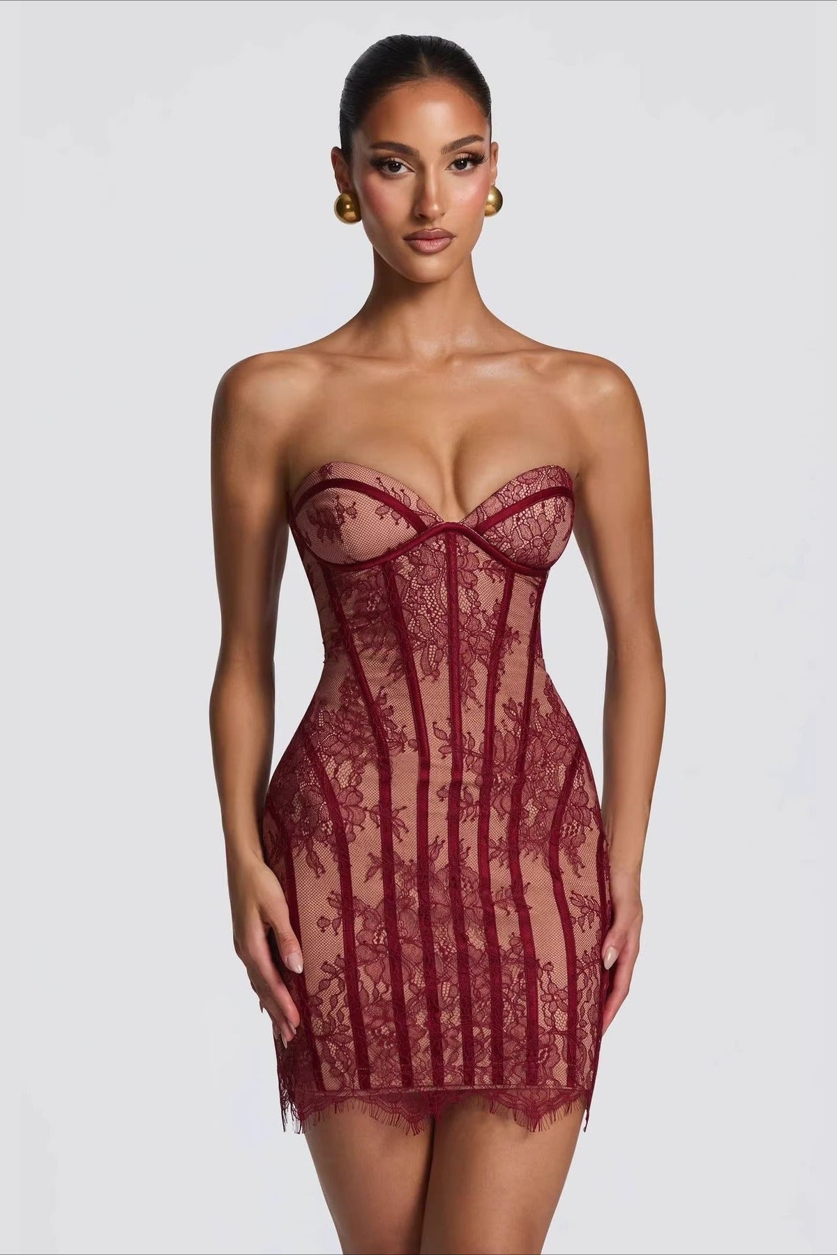 Lace Strapless Sweetheart Corset Boned Mermaid Maxi Dress