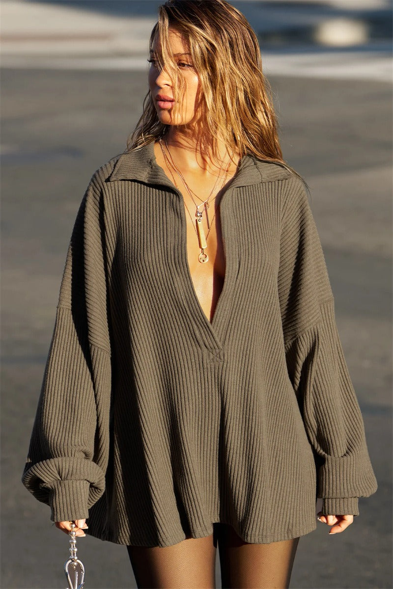 Sexy V Neck Knit Collar Blouse