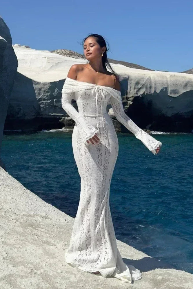 Lace Off Shoulder Long Sleeve Tie Front Mermaid Maxi Dress