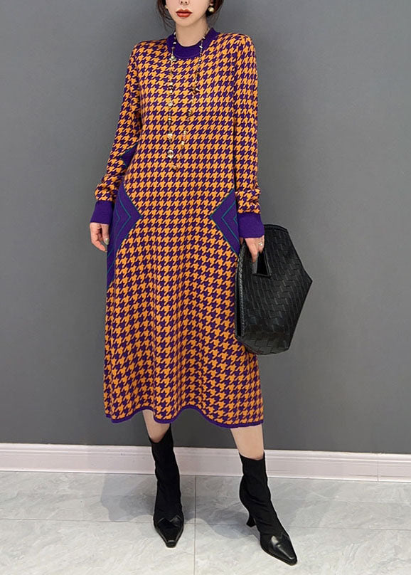 Houndstooth Mock Neck Long Sleeve Side Panel Knit Midi Dress