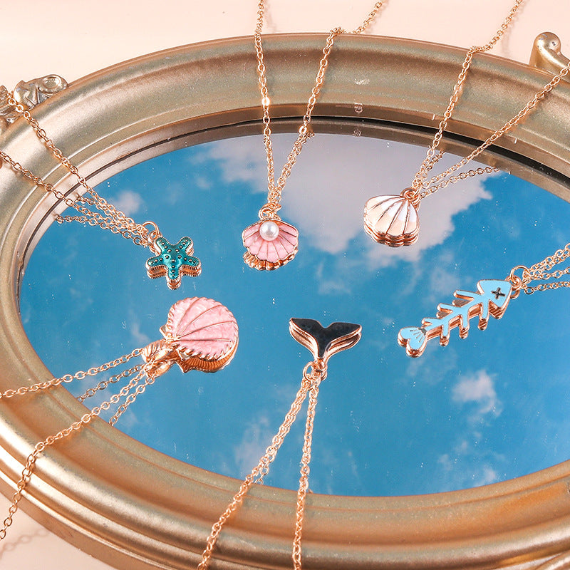 Pearl Shell Starfish Tail Fish Bone Pendant Necklace Set