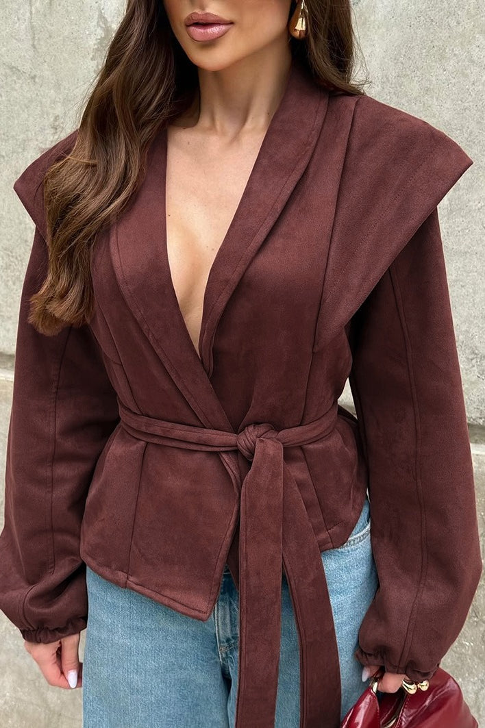 Vintage Wine Red Suede Tie-Waist V-Neck Coat for Elegance
