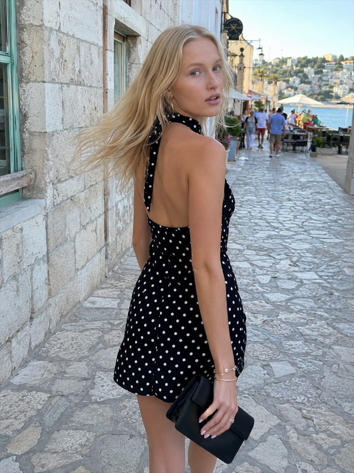 Polka Dot Halter Neck Backless Flared Mini Dress