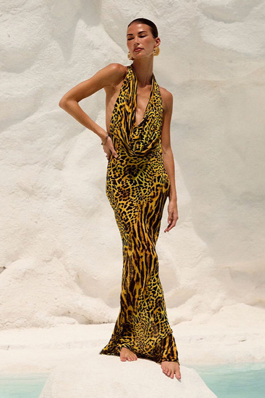 Leopard Print Halter Neck Backless Maxi Dress 3