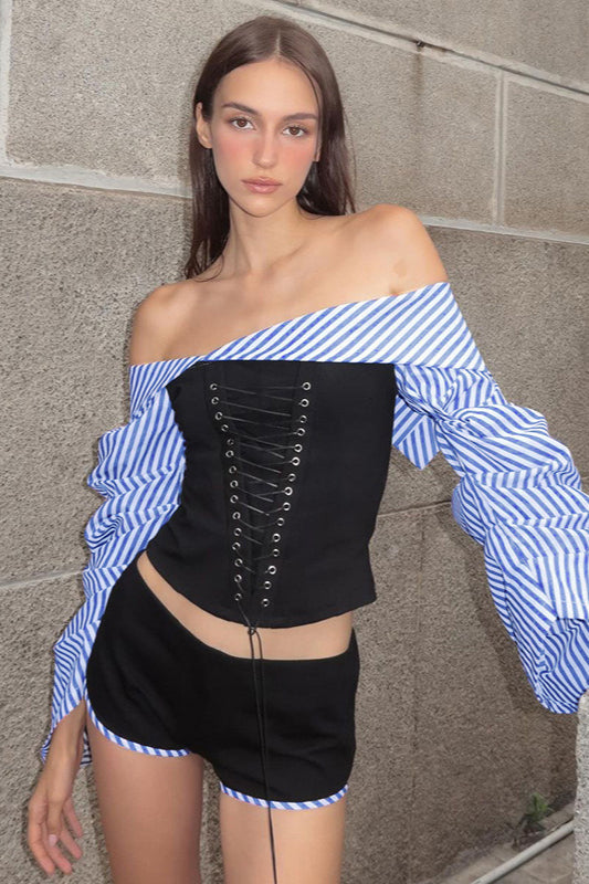 Striped Eyelet Irregular One Shoulder Blouse