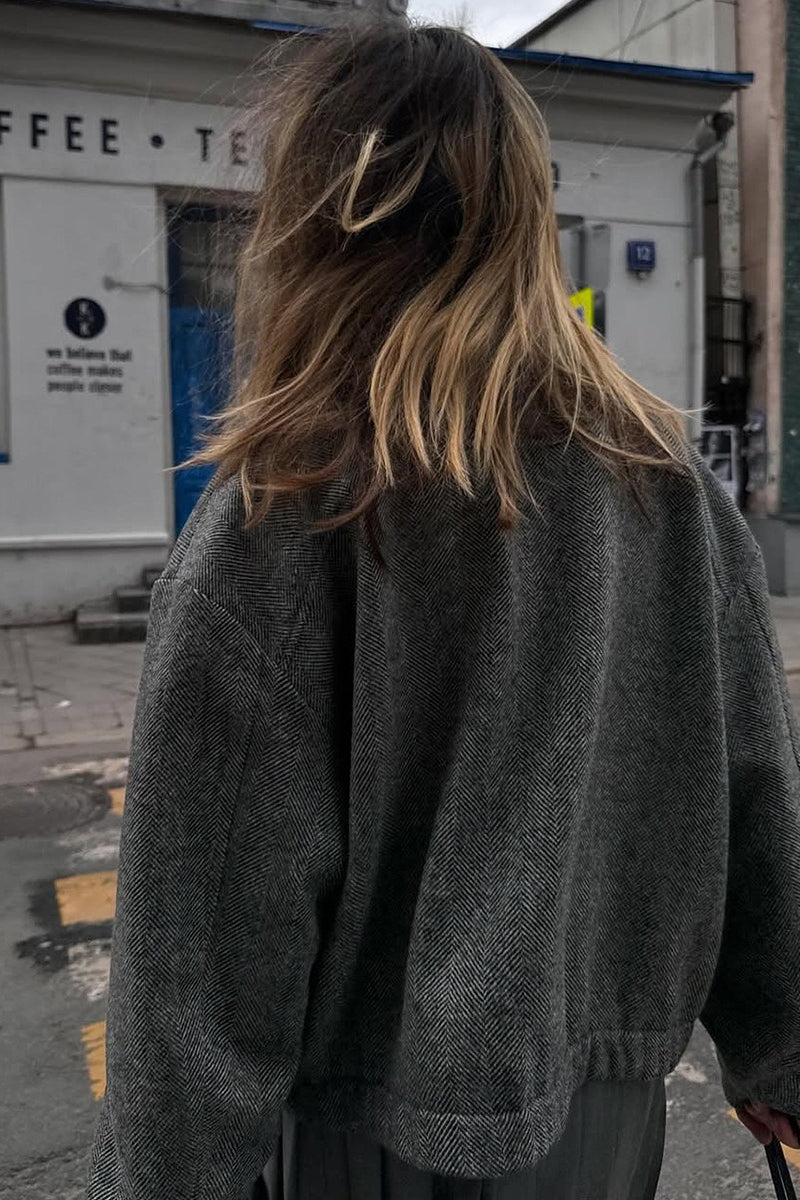 Herringbone Stand Collar Coat - Fashionpara