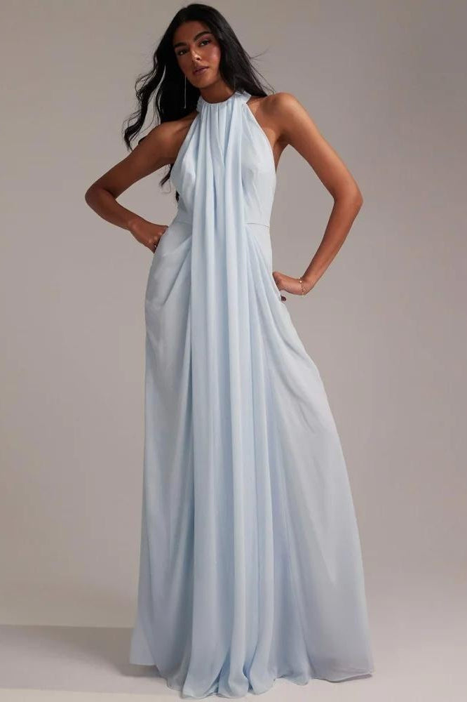 Chiffon Halter Neck Draped A-Line Maxi Gown 2