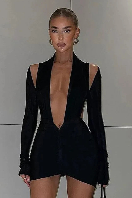 Plunge V-Neck Long Sleeve Cut-Out Bodycon Mini Dress