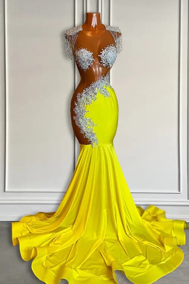 Beautiful Yellow Long Scoop Mermaid Prom Dresses with Beadings and Tassels - Fashionpara