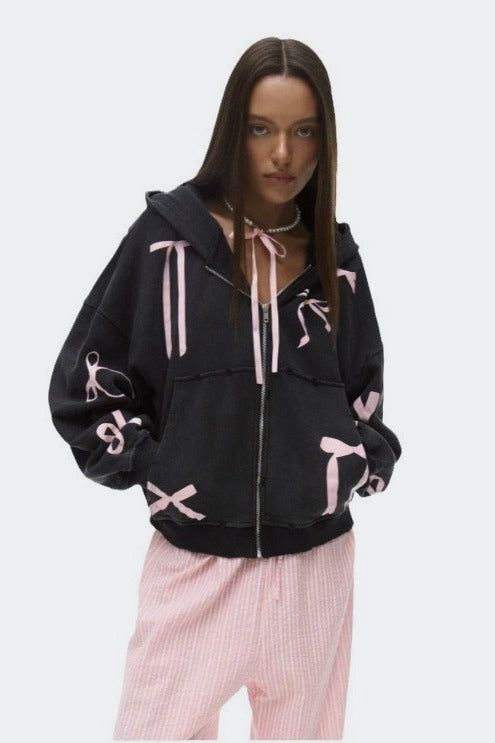 Bow Print Zip Hoodie