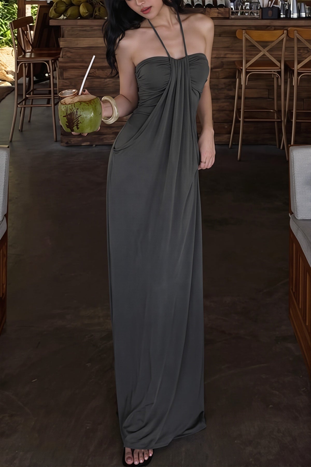 Draped Halter Neck Ruched Column Maxi Formal Gown