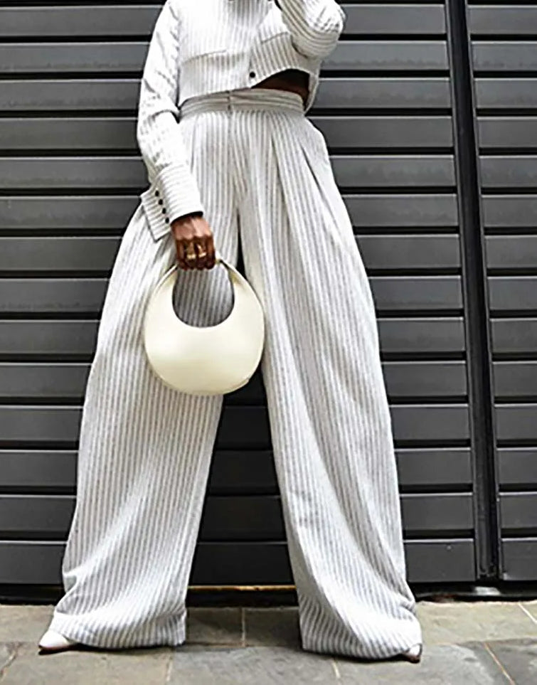 White Print Pockets Straight Pants Office Two Piece Set