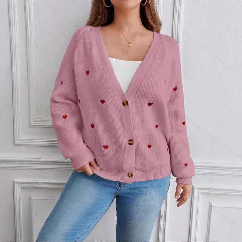 Heart Embroidery V-Neck Cardigan for Cozy Elegance