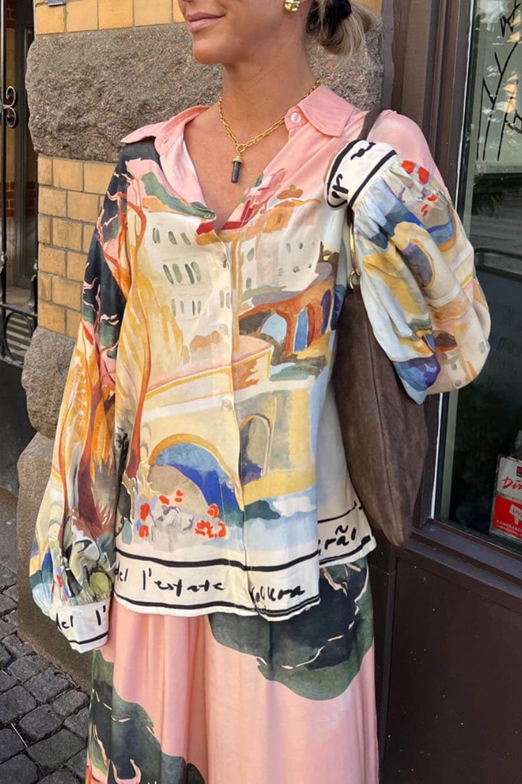 Ellison Unique Print Button Up Long Balloon Sleeve Loose Blouse - Fashionpara