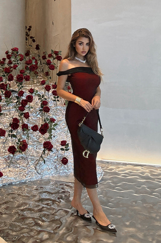 Off-Shoulder Mesh Colorblock Bodycon Party Dress - Fashionpara