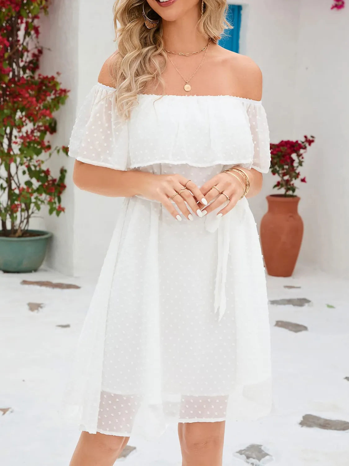 Off Shoulder Short Sleeve Tie Waist Mini Dress