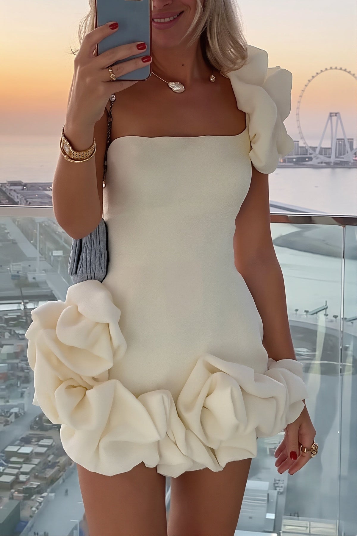 One Shoulder Ruffle Square Neck Bubble Mini Dress 4