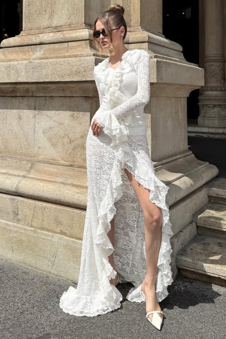 Lace Long Sleeve Deep V-Neck Ruffle Trim High Low Maxi Gown - View 7